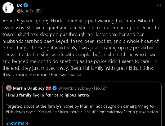 She’d had dog poo put through her letter box, she and her husband’s cars had been keyed, they’d been spat at, and a whole host of other things:” horrors experienced by the Hindus [ London, UK ]