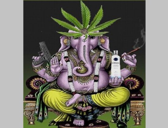 Sri Ganesha depicted with a pistol, Vodka and smoking marijuana [ Illinois , U.S.A ]